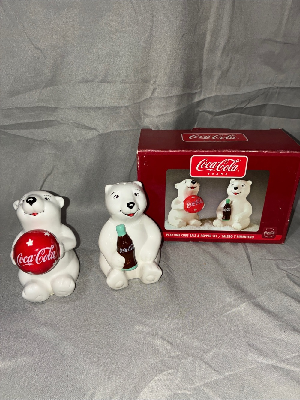 Coca Cola White Polar Bear Salt & Pepper Shakers with Red and Green Accents